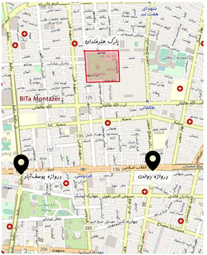 موقعیت پارک هنرمندان به نسبت دروازه‌های شمالی تهران ناصری